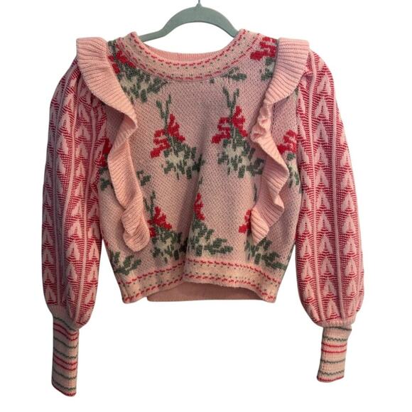 SundayUp Sweaters - SundayUp Size Med / Large Pink Floral Jacquard Ruffle Cropped Sweater